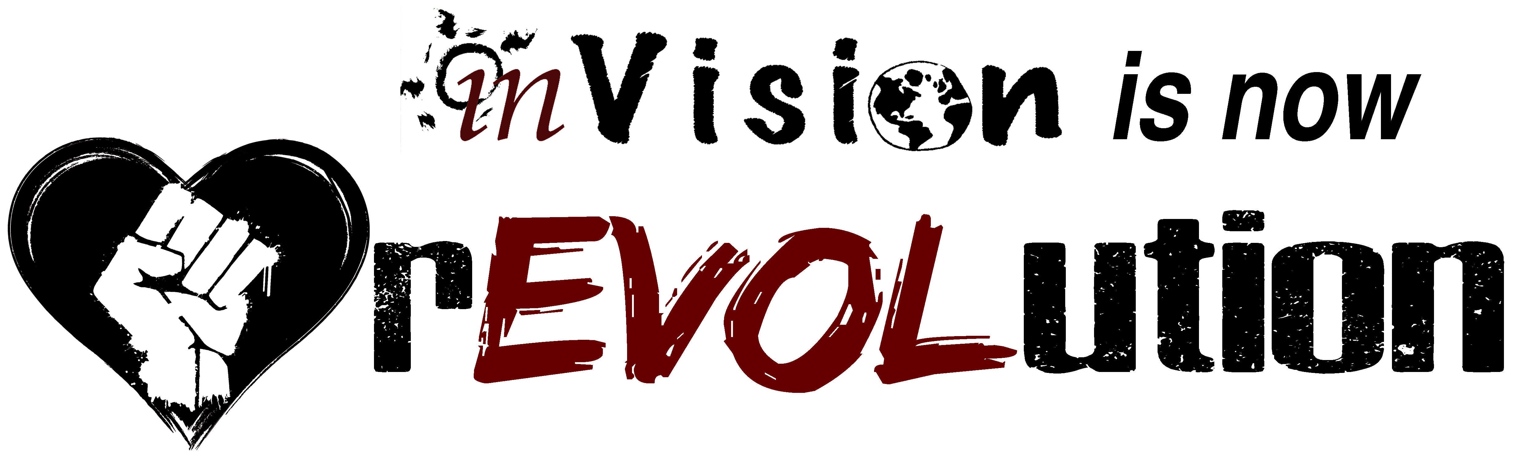 logo: power fist inside black heart shape. Text to the right of logo reads: inVision is now rEVOLution